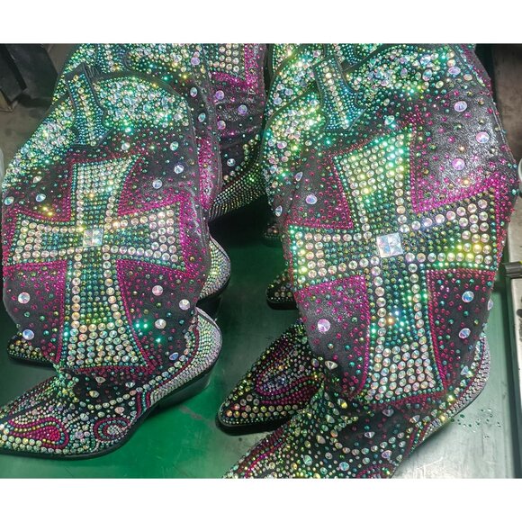 Women's Multi Blue Fashion Rhinestone Cross Western Knee-High Cowboy Boots - Picture 7 of 9